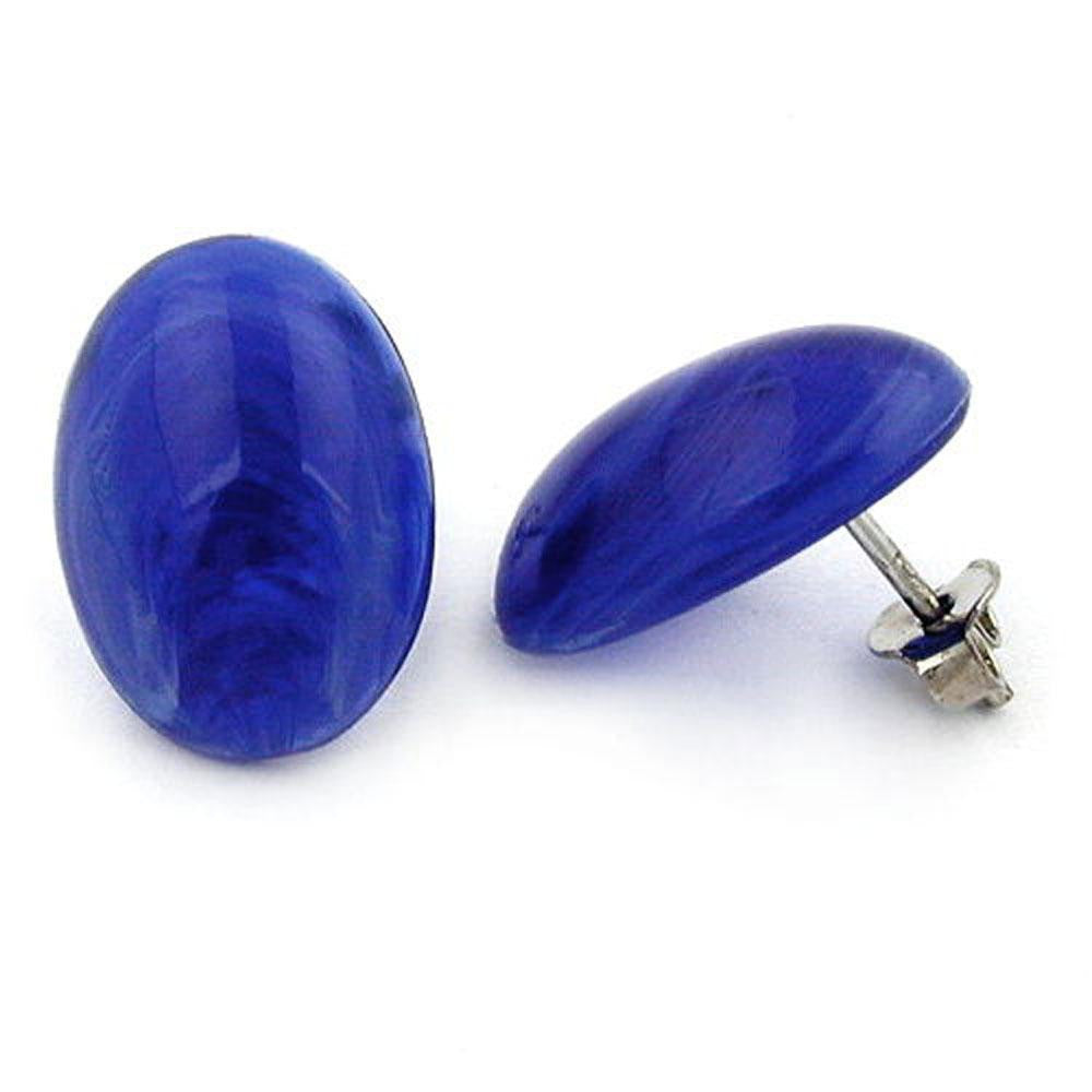 Stud Earrings Blue White Marbled Oval