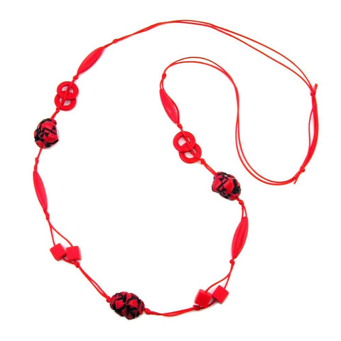 Necklace Red-black Beads On Red Cord 100cm
