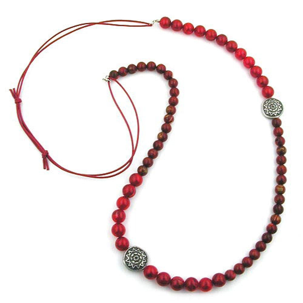 Necklace Red-black Marbled 2 Silver Coloured Designer Beads