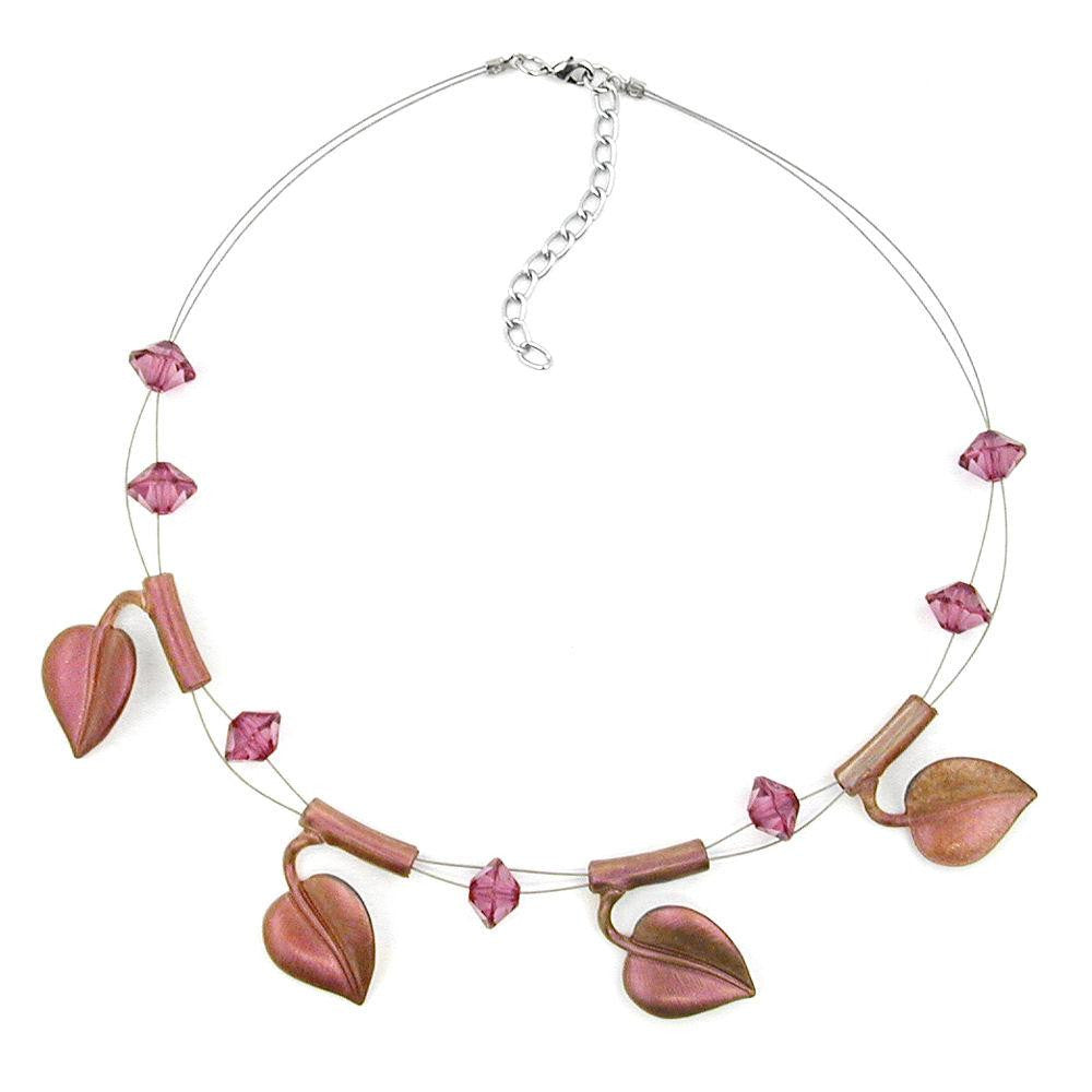 Necklace Leaf Beads Purple-coloured On Coated Flexible Wire 44cm