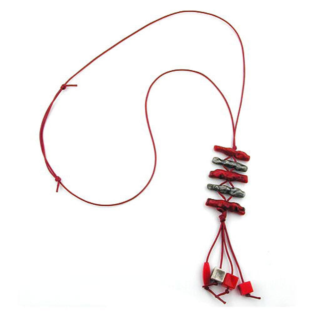 Necklace Red- Antique Silver Beads Unique Design