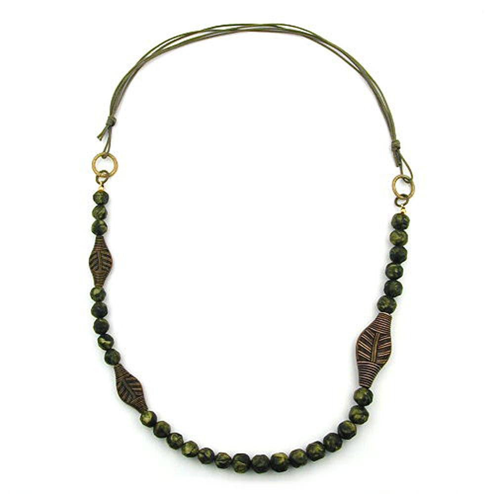 Necklace 3 Leaf Beads Olive Colour Pressed Bead