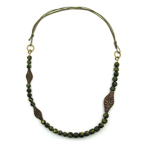 Necklace 3 Leaf Beads Olive Colour Pressed Bead