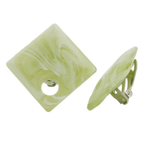 Clip-on Earring Square Beads Green Light White 25x25mm