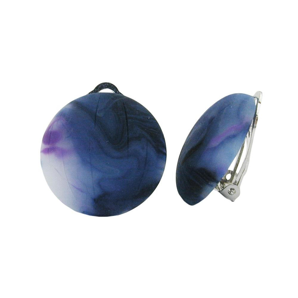 Clip-on Earring Round Blue Marbled Matte 22mm