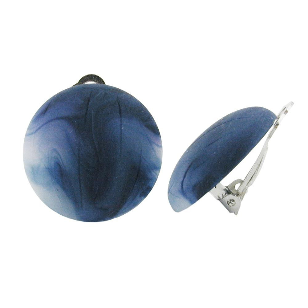 Clip-on Earring Round Blue Marbled Matte 22mm