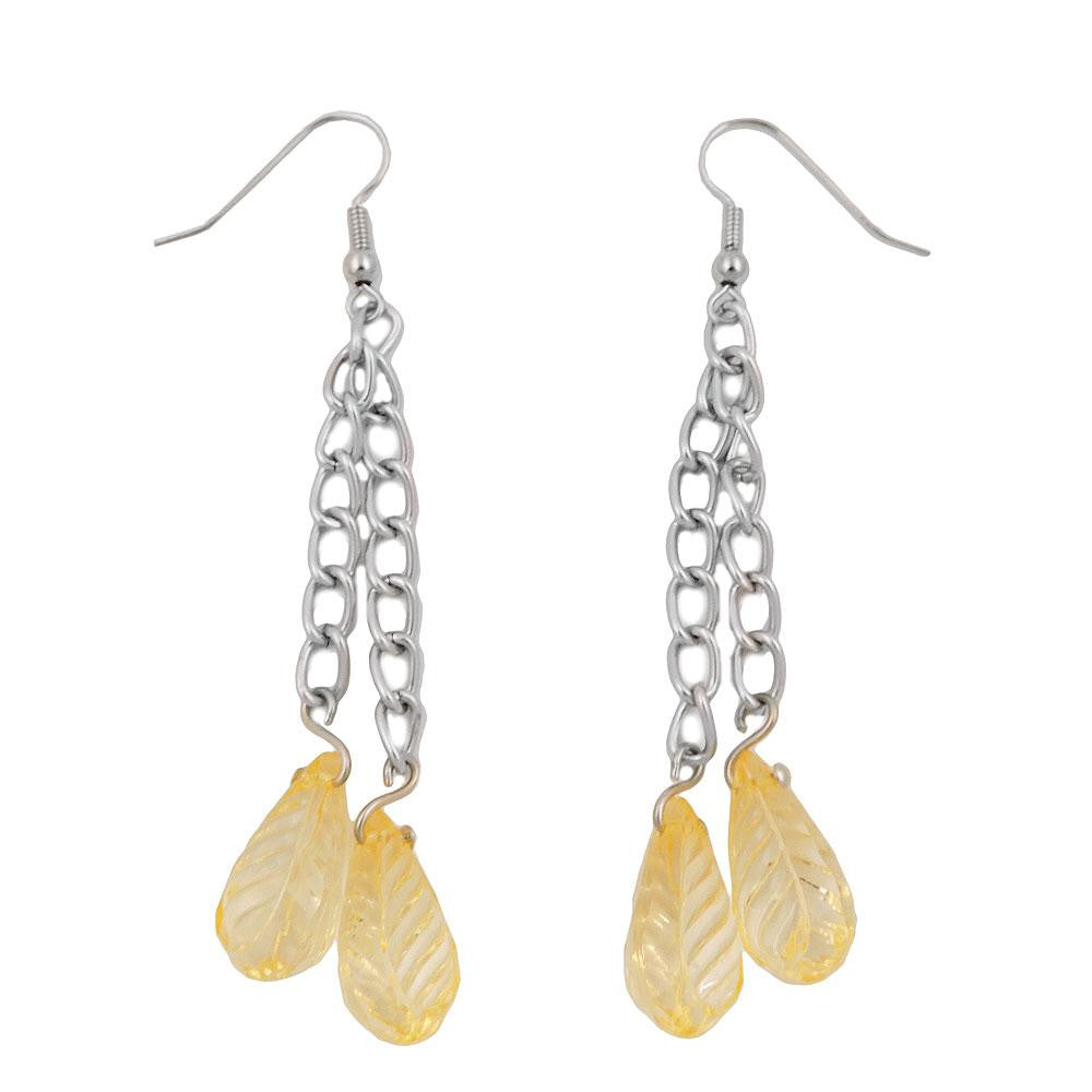 Hook Earrings Chain Silver Coloured With Leaf Beads Yellow