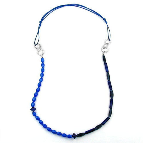 Necklace Blue Beads Double Character Chrome- Silver Coloured Rings