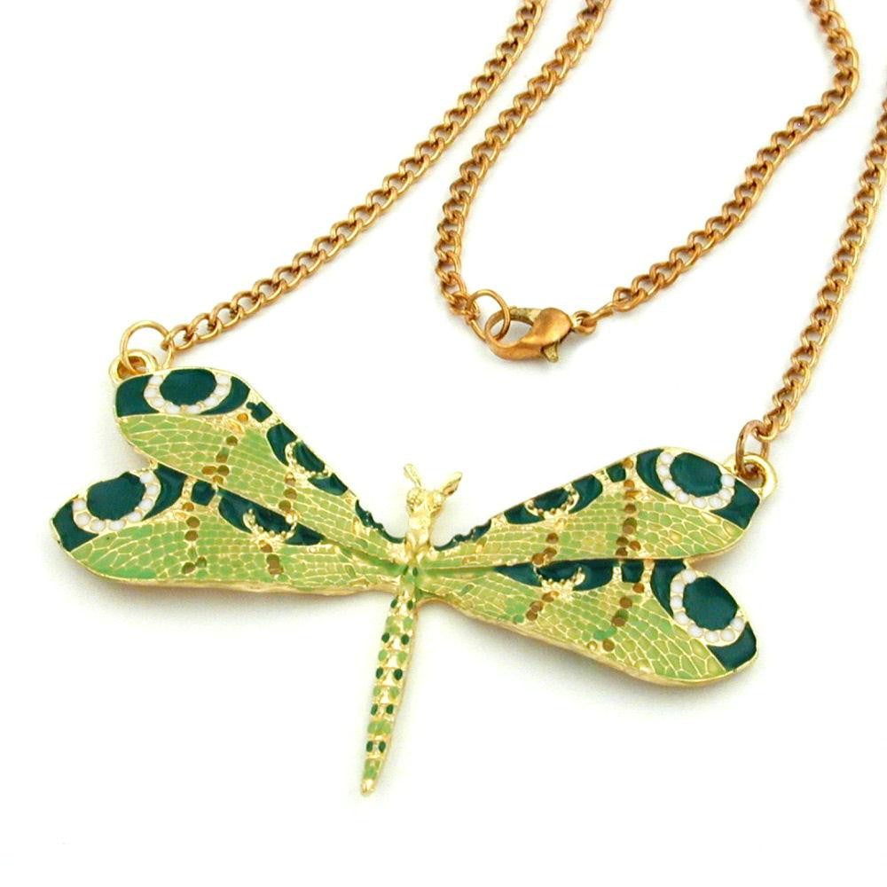 Necklace Dragonfly Green Gold Coloured