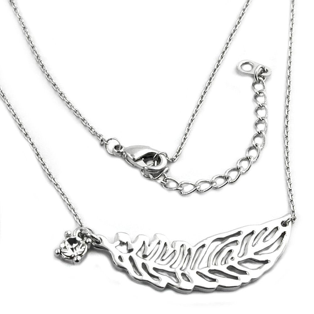 Necklace Leaf- Feather Pendant White Gold Coloured