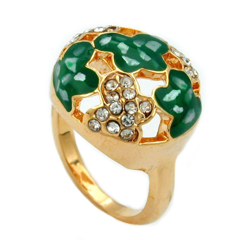 Ring Green Enamel & Glass Crystals Gold Plated