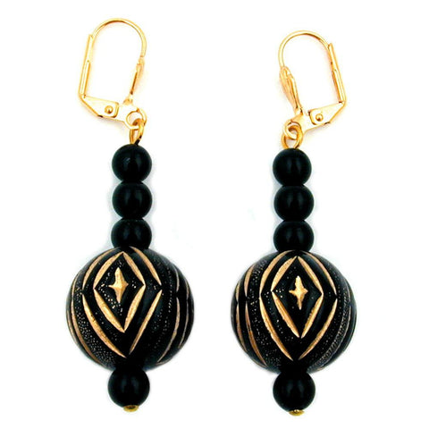 Leverback Earrings Oriental Beading Black Gold Coloured