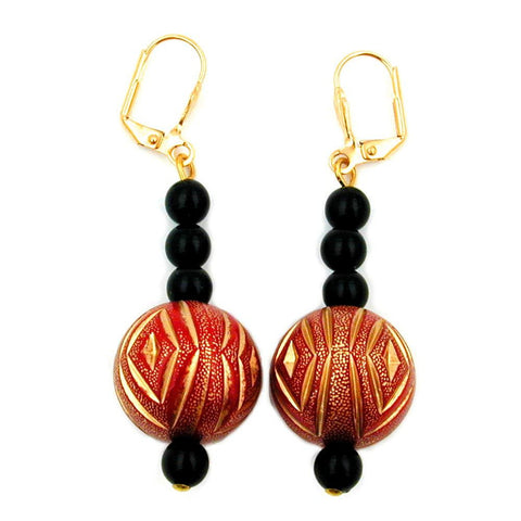 Leverback Earrings Oriental Style Black Red Gold Coloured