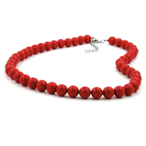 Necklace, Beads 10mm, Red, Shiny, 40cm