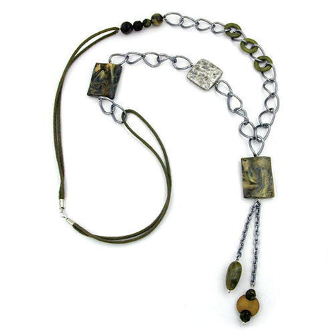 Necklace Rectangle Olive-beige-brown 90cm