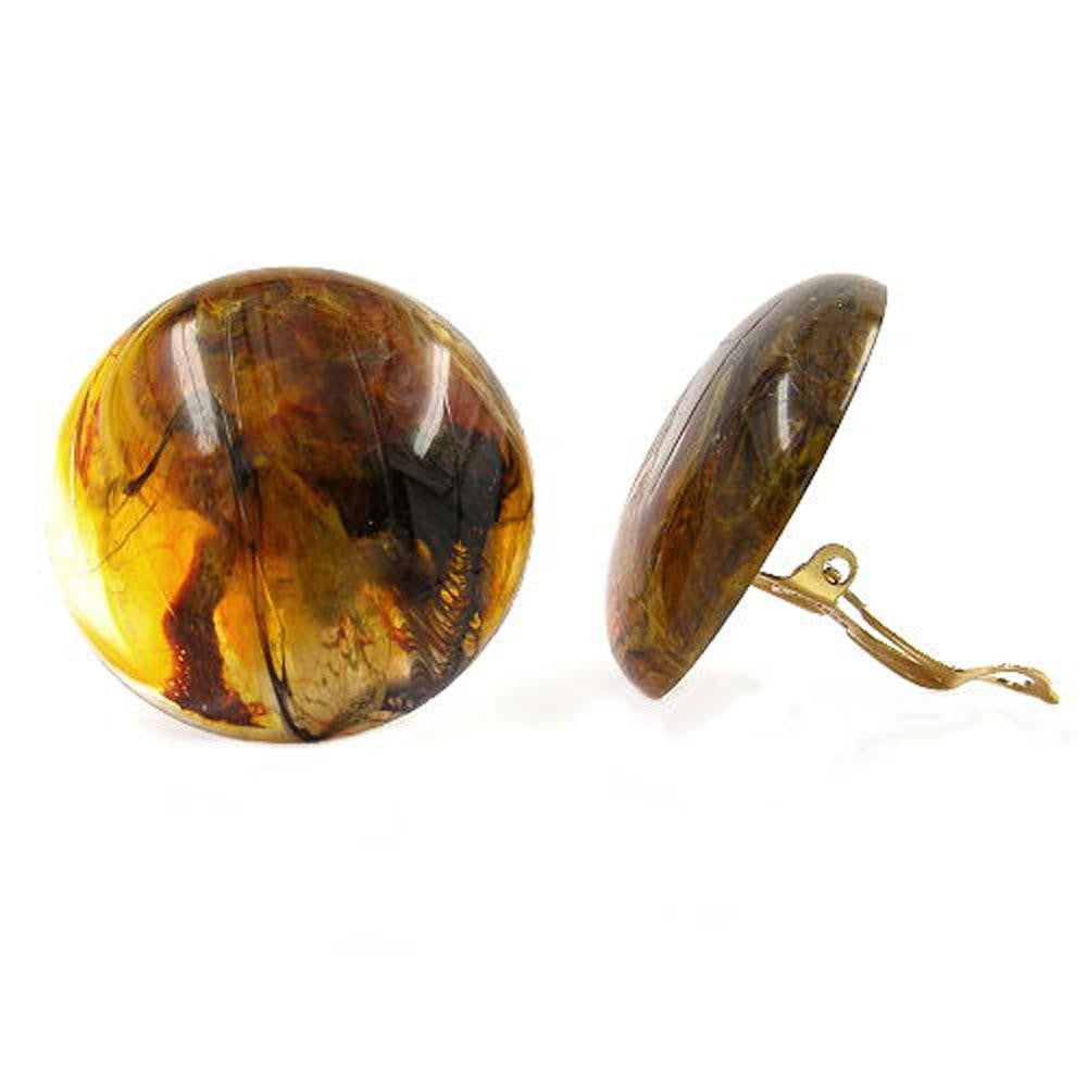 Clip-on Earring Round Brown Marbled Glossy 30mm