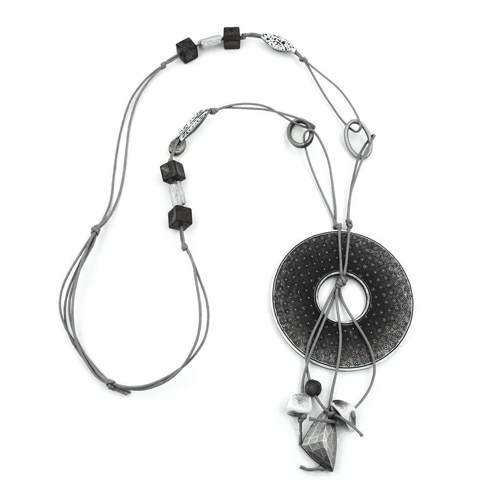Necklace Disc Grey-white Grey Cord