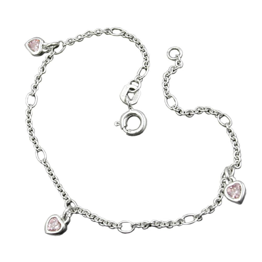 Bracelet, Anchor Chain, Heart Zirconia Pink, Silver 925