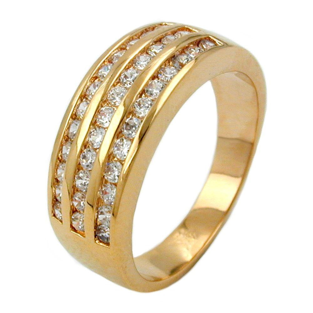 Ring With Zirconia, Three Rows, Gold Plated, 3 Micron