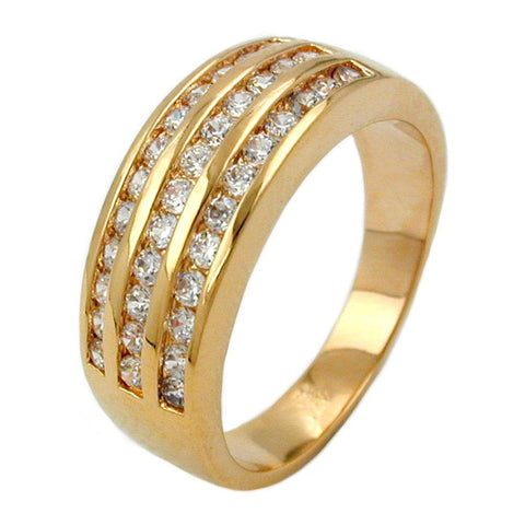 Ring With Zirconia, Three Rows, Gold Plated, 3 Micron