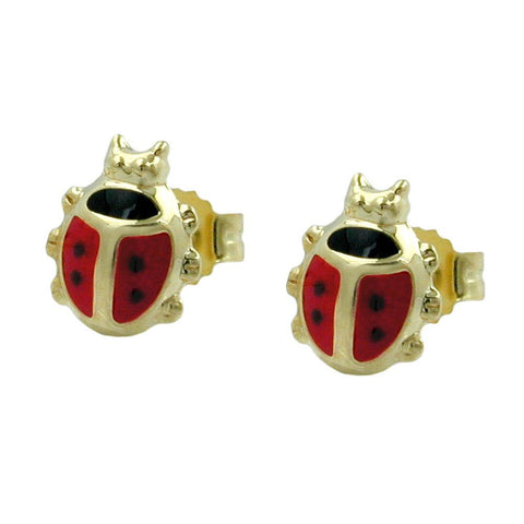 Stud Earrings Ladybird Black Red Dots 9k Gold