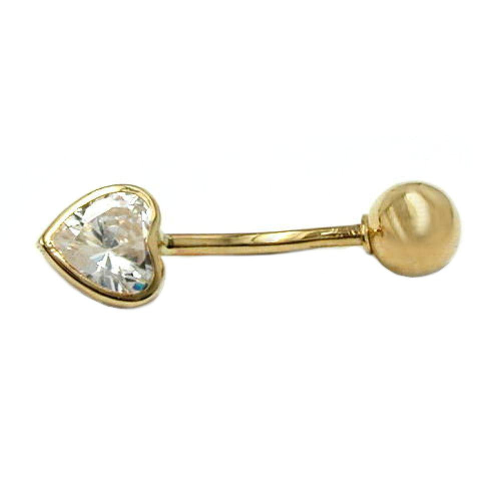 Navel- Belly Bar Zirconia Heart And Ball 14k Gold