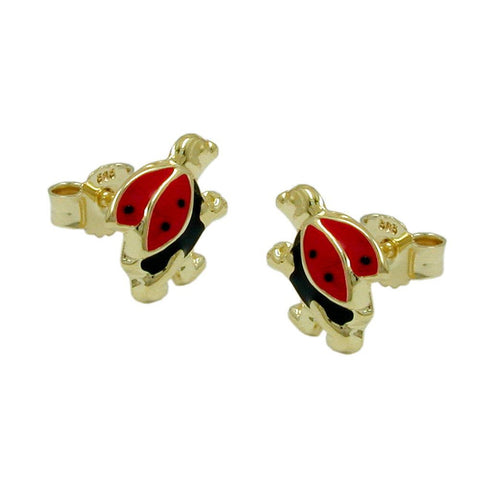 Stud Earrings Ladybird Black Red Dots 9k Gold