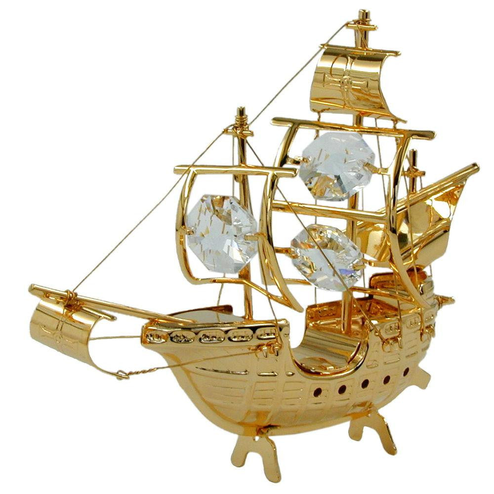 Sail Ship Like Santa Maria With Crystal Elements Gold Plated