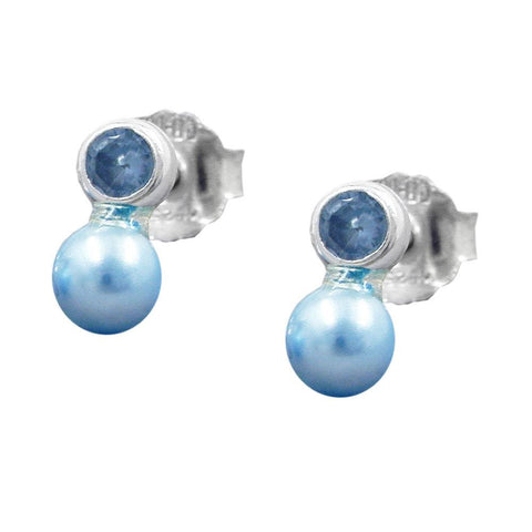 Earrings Bead And Cz Blue Silver 925