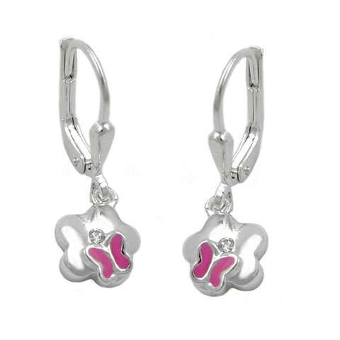 Leverback Earrings Flower With Pink Butterfly Silver 925