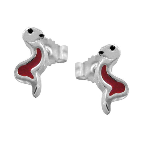 Stud Earrings Snake Red- Black Silver 925