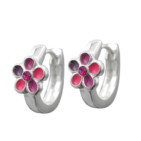 Hoop Earrings Pink Lacquered Flowers Silver 925