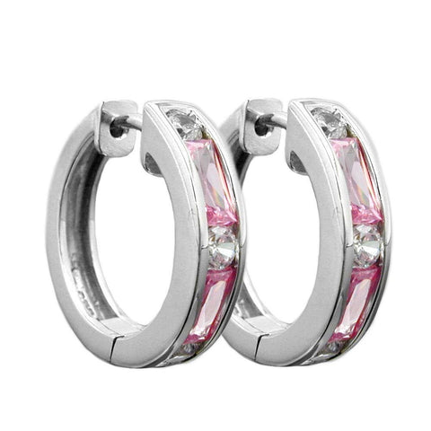 Hoop Earrings Pink Zirconia Silver 925